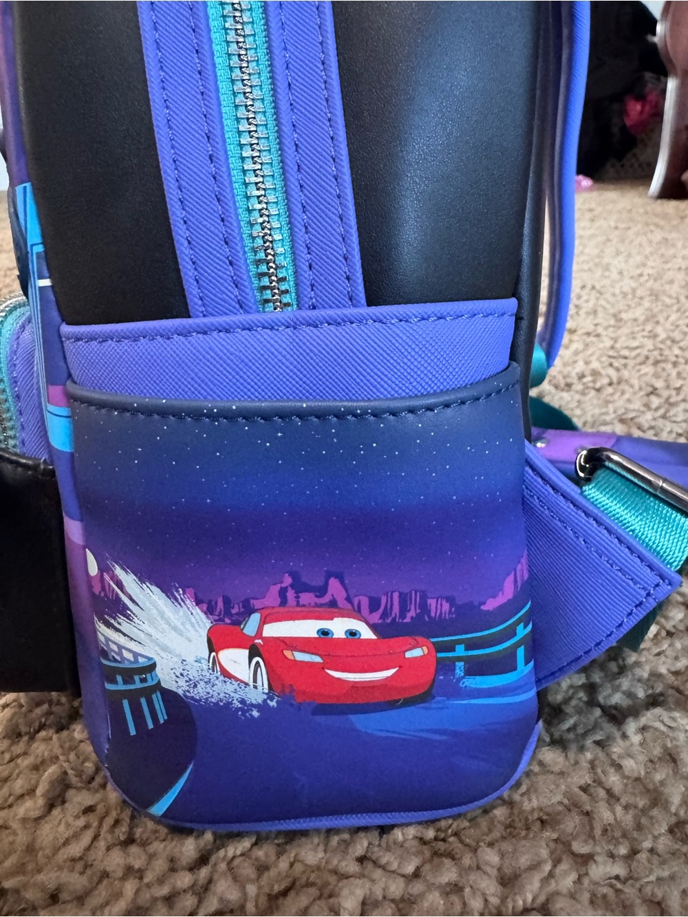 Loungefly Purple Pixar Cars Mini Backpack with Red & Blue Character Graphics - Picture 2 of 6